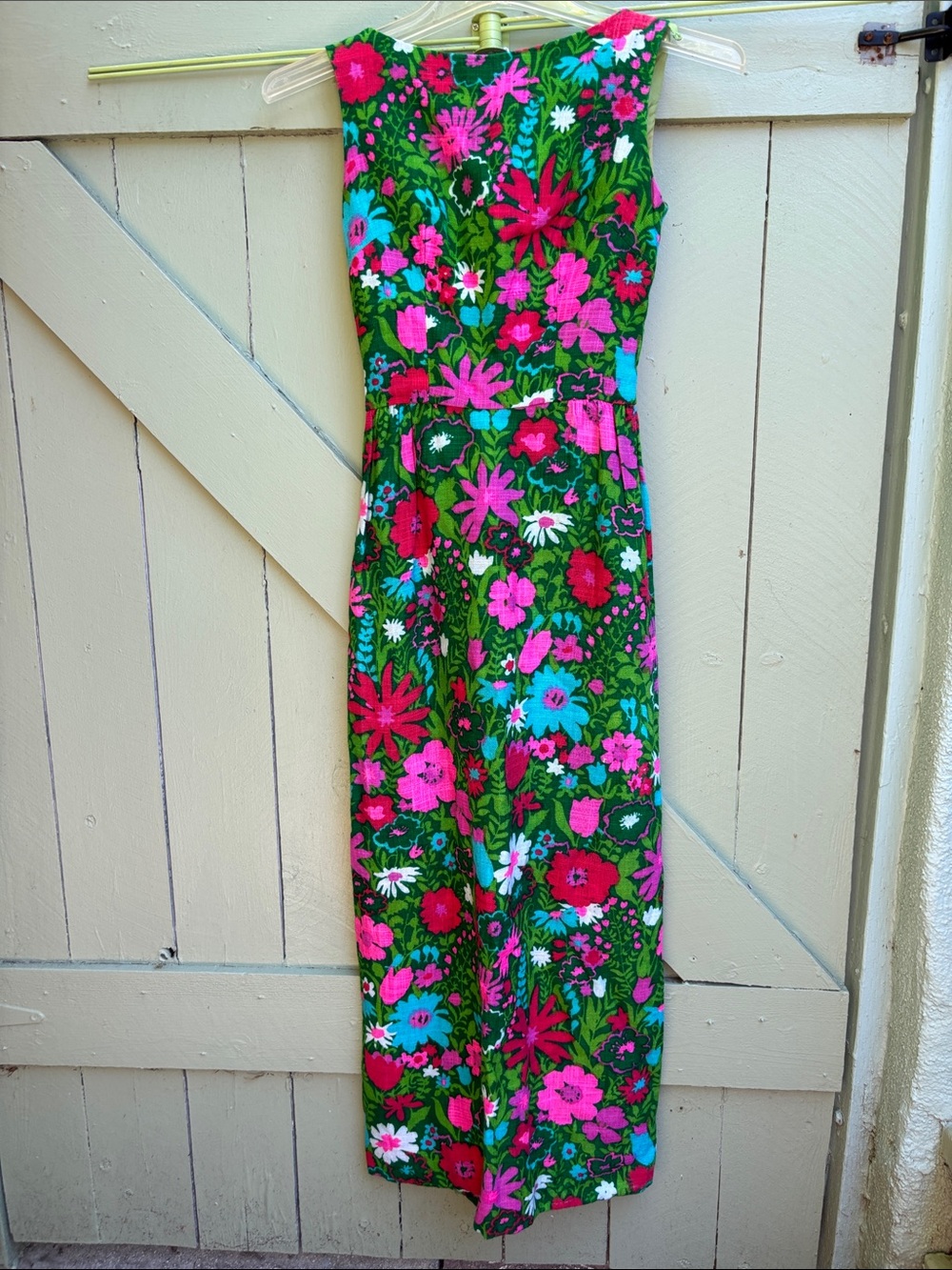 Vintage 60s / 70s Home made Floral Sleeveless Midi Dress with Pink & Blue Blooms